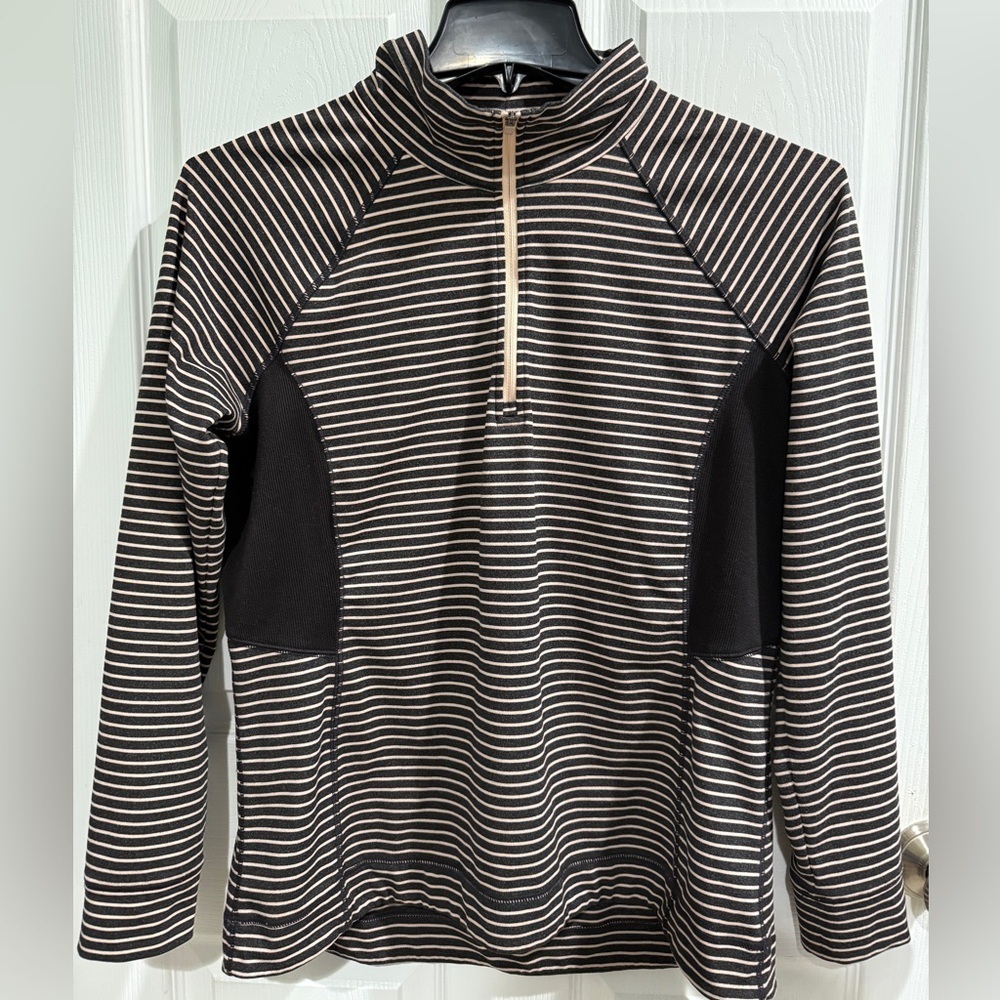 T by Talbots SPF Black and Tan Striped Zip-Up Sweater